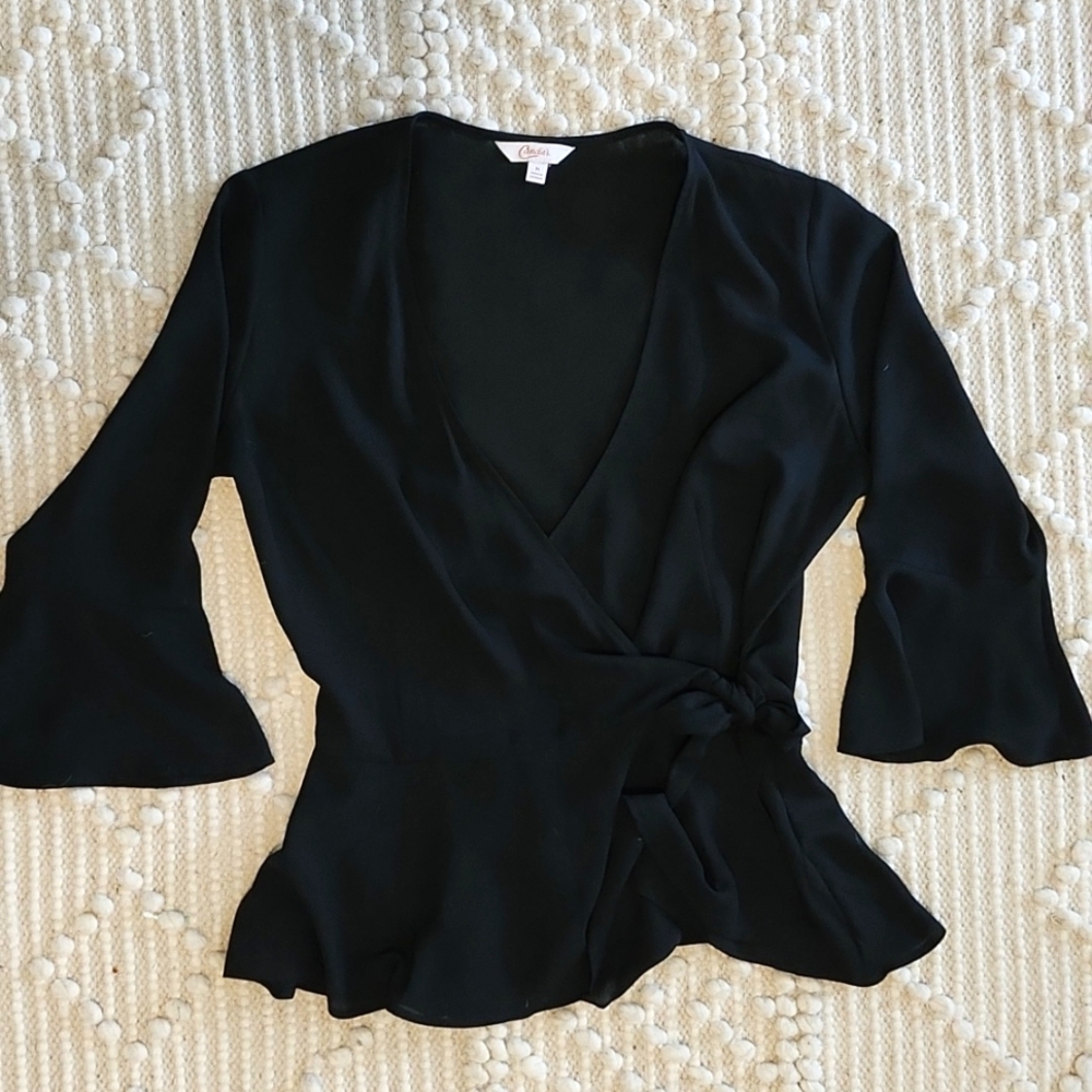 Black Low-V Semi-Sheer Bell Half Sleeve Wrap Peplum Top